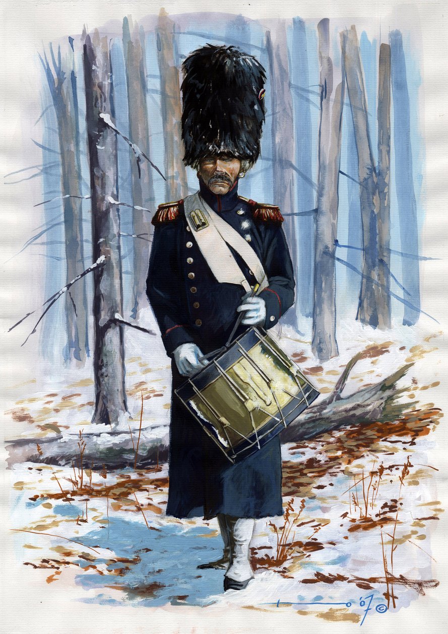 Ensimmäinen valtakunta (1804-1814 ja 1815): Suuren Napoleonin armeijan sotilas, Ranskan keisarillisen kaartin kranadiereiden rumpu vaipassa tekijältä Alessandro Lonati