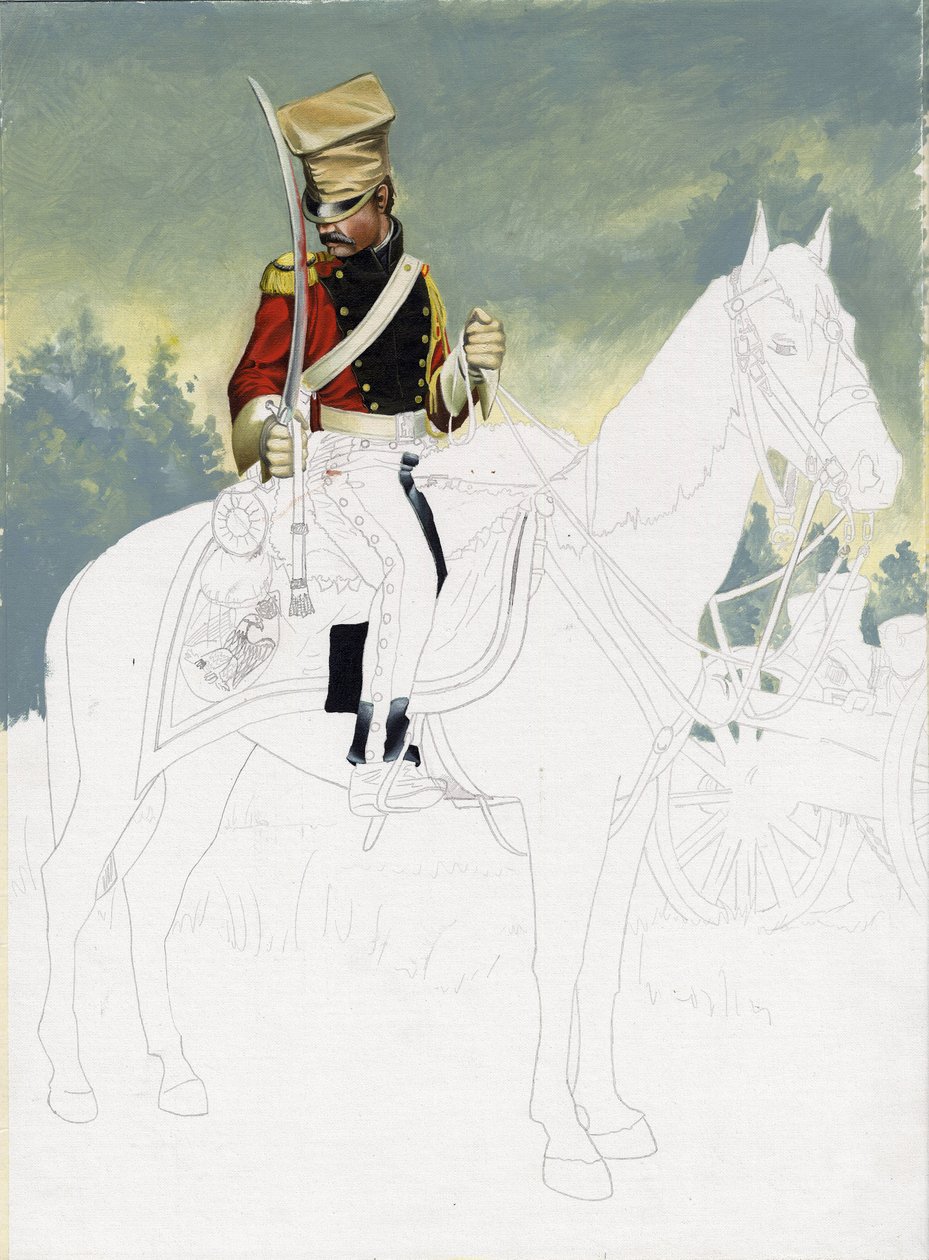 Ensimmäinen valtakunta (1804-1814 ja 1815): Suuren Ranskan Napoleonin armeijan kevyen ratsuväen sotilas. Alessandro Lonatin keskeneräinen piirustus. tekijältä Alessandro Lonati