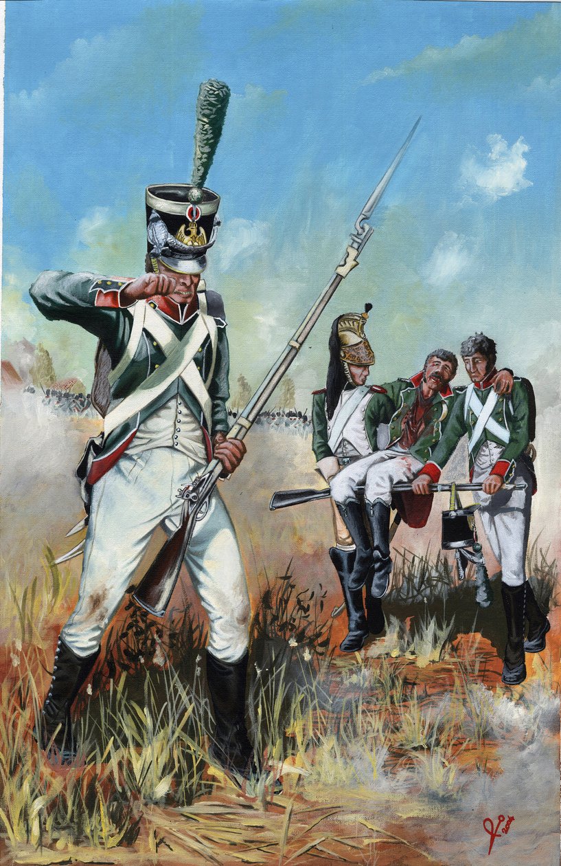 Ensimmäinen valtakunta (1804-1814 ja 1815): Italian suuren Napoleonin armeijan sotilaat auttamaan haavoittunutta toveria. Piirustus Alessandro Lonati tekijältä Alessandro Lonati