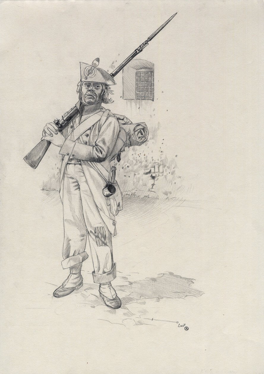 Ensimmäinen valtakunta (1804-1814 tai 1815): Napoleonin armeijan sotilas, ratsastusprikaatin jalkaväen sotilas linnoituksessa. Piirustus Alessandro Lonati tekijältä Alessandro Lonati