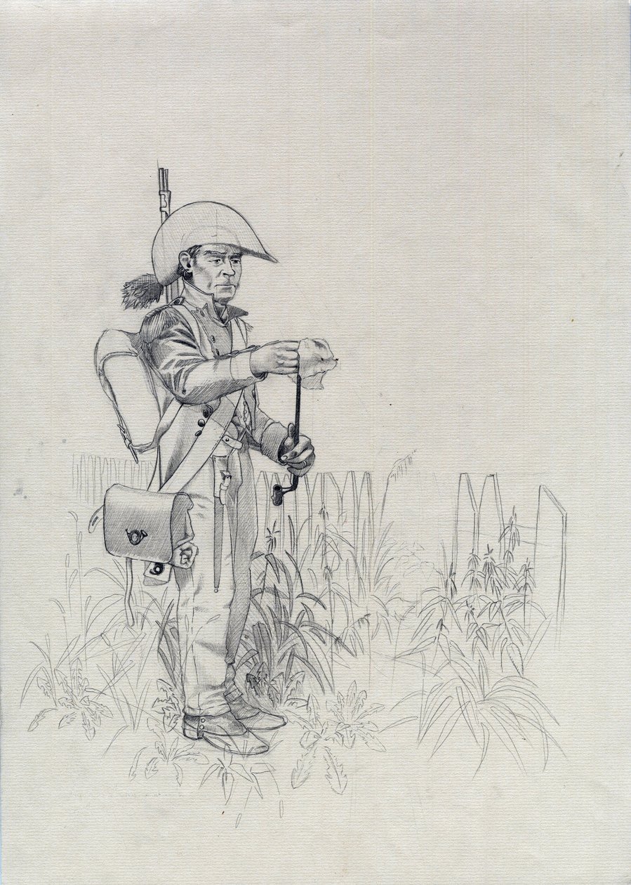 Ensimmäinen valtakunta (1804-1814 tai 1815): Napoleonin armeijan sotilas, sotilasjalkaväkimetsästäjä (jalkaväkimetsästäjä). Piirustus Alessandro Lonati tekijältä Alessandro Lonati