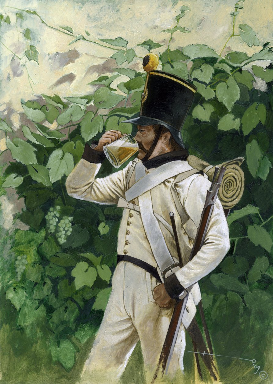 Ensimmäinen imperiumi: Itävaltalainen jalkaväen upseeri juomassa olutmukia. Piirustus Alessandro Lonati tekijältä Alessandro Lonati