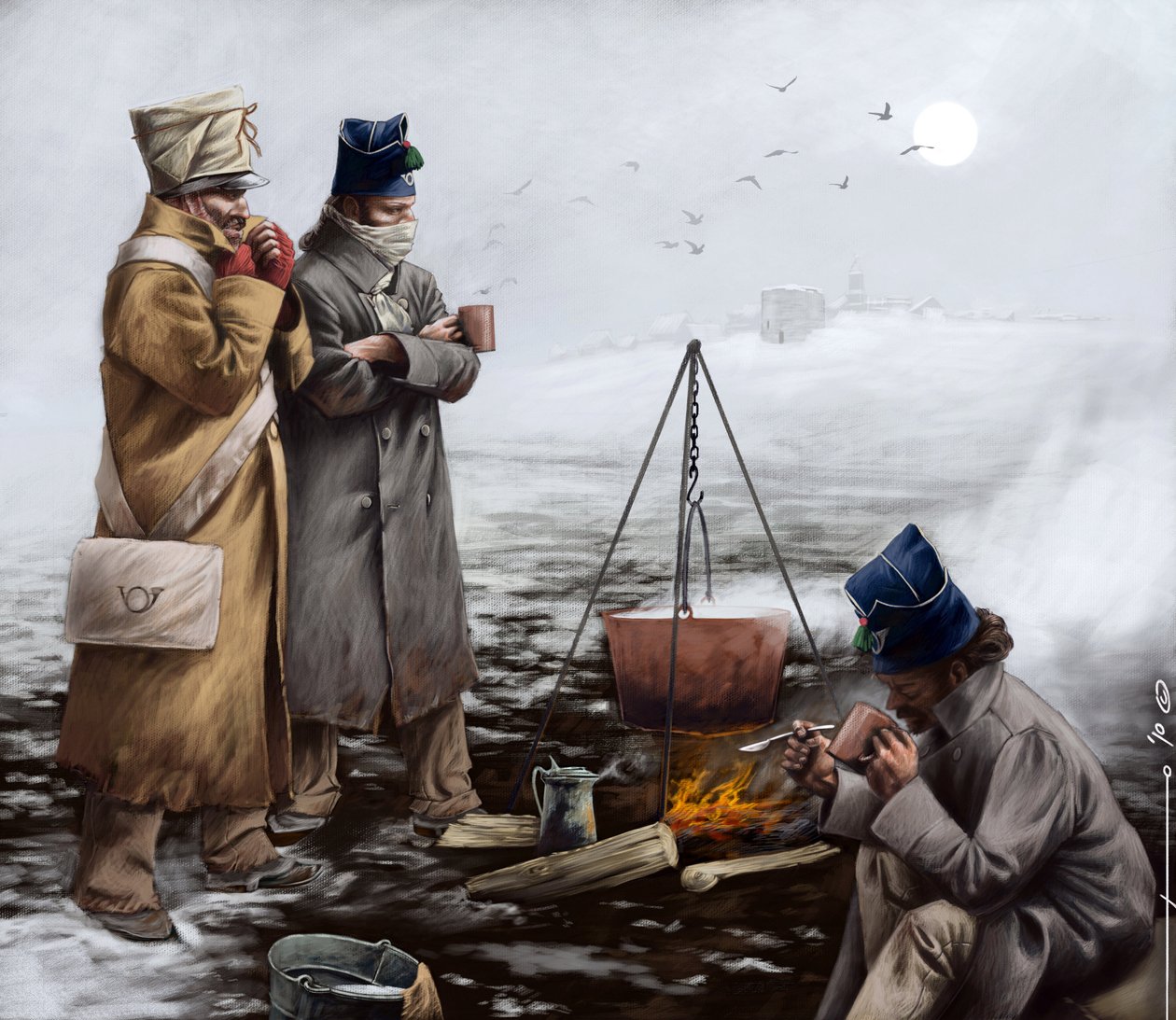 Ensimmäinen imperiumi: Kevyt jalkaväesotilaat lämmittävät itseään tulen ympärillä tai keittävät kattilan Napoleon I:n kampanjan aikana (luultavasti Venäjällä) 1800-luvun alku. Kuvitus Alesandro Lonati. 2010 tekijältä Alessandro Lonati