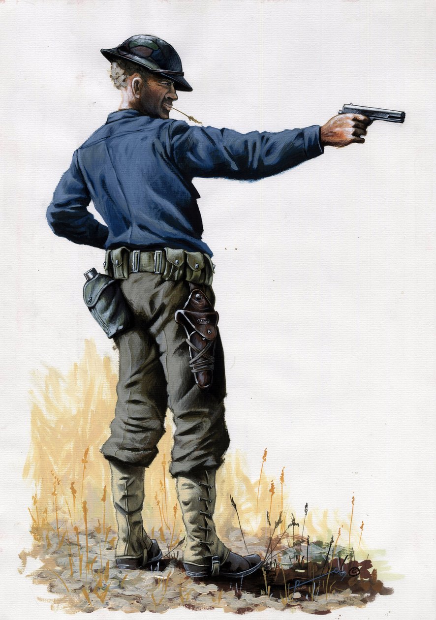 Ensimmäinen maailmansota 1914-1918: Amerikan armeijan jalkaväki pistoolilla vuonna 1917 länsirintamalla. Piirustus Alessandro Lonati tekijältä Alessandro Lonati