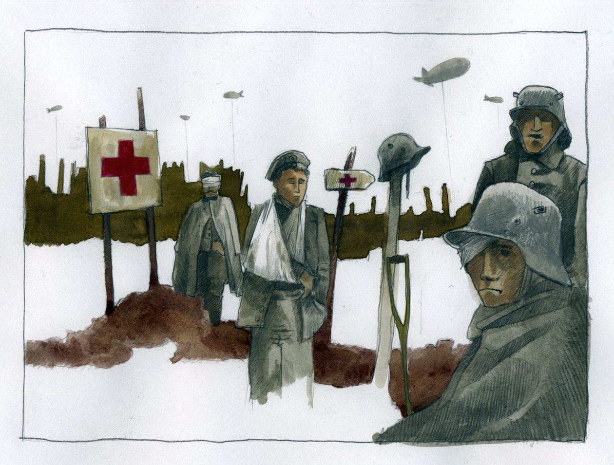 Primeira Guerra Mundial: Gules cassees e feridos de guerra no comando do posto de resgate da Cruz Vermelha - 1914-1918 Ilustração de Alessandro Lonatifinnish tekijältä Alessandro Lonati