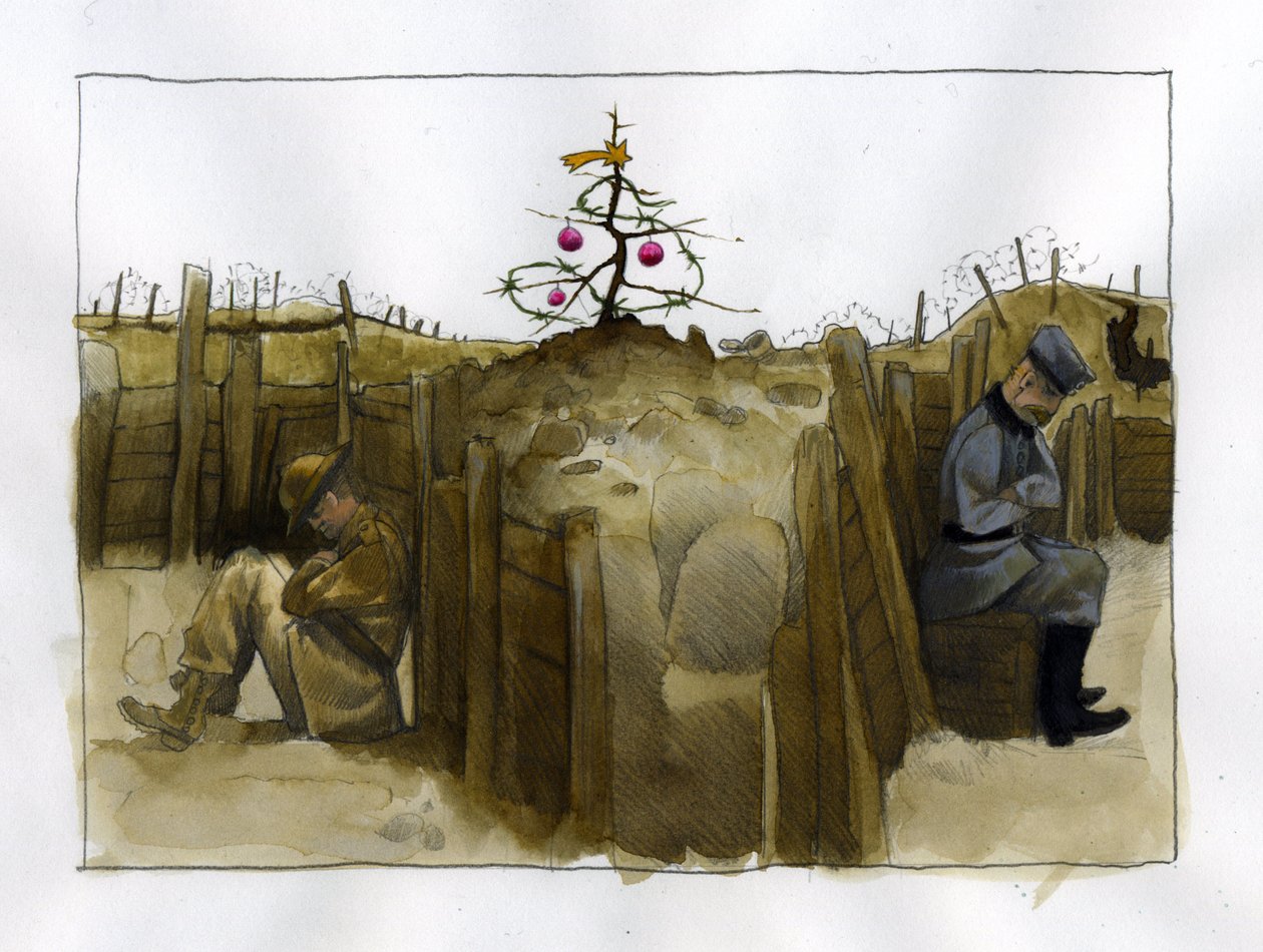 Ensimmäinen maailmansota: kahden vihollissotilaan, brittiläisen (vasemmalla) ja saksalaisen, yksinäisyys haudassa joulun aikaan 1914-1918 Kuvitus: Alessandro Lonati tekijältä Alessandro Lonati