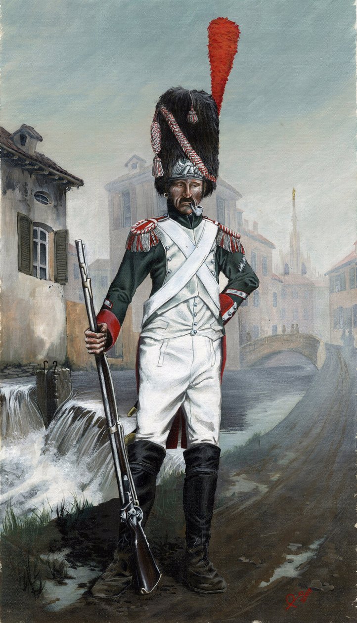 Ensimmäinen valtakunta (1804-1814 ja 1815): Italian Grenadierisotilaita lähellä Milanon kanavaa katedraalin taustalla. Piirustus Alessandro Lonati tekijältä Alessandro Lonati