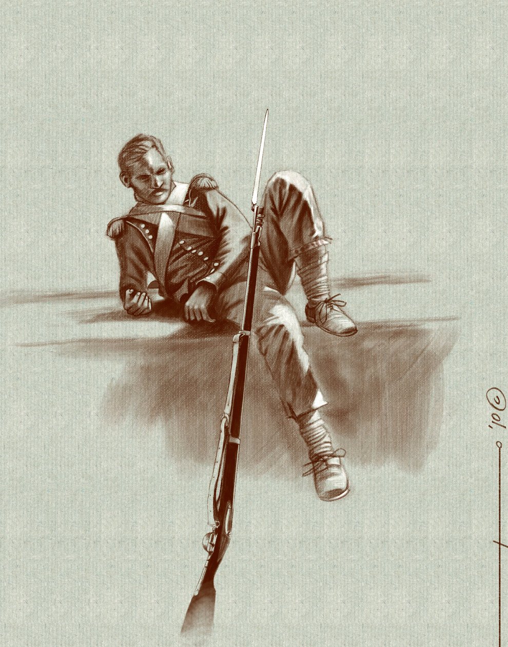 Ensimmäinen valtakunta: kevytjalkaväen sotilas levossa Napoleon I:n kampanjan aikana (luultavasti Venäjällä) 1800-luvun alku. Kuvitus Alesandro Lonati. 2010 tekijältä Alessandro Lonati