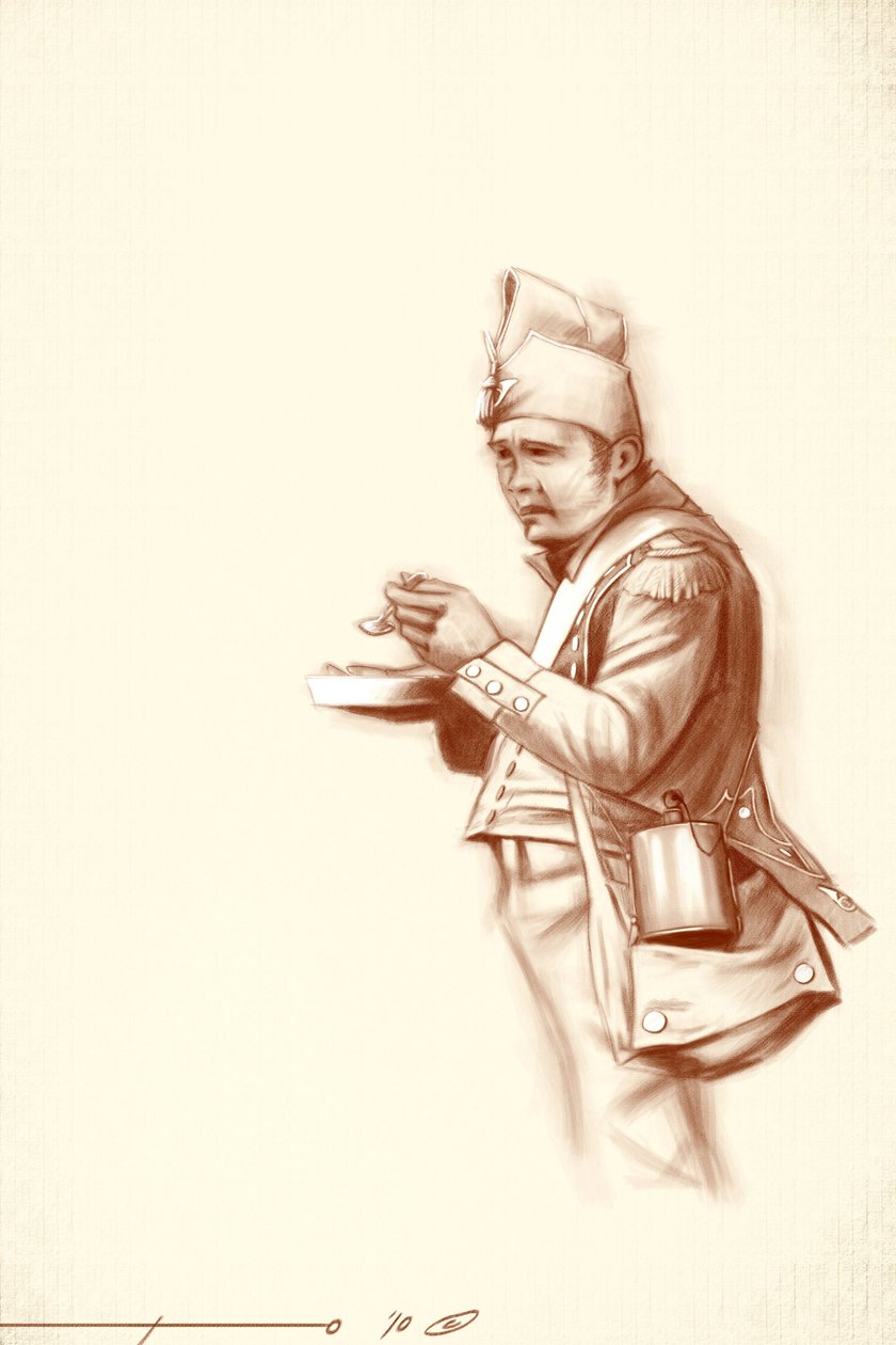 Ensimmäinen valtakunta: kevytjalkaväen sotilas aterian aikana Napoleon I:n kampanjan aikana (luultavasti Venäjällä) 1800-luvun alku. Kuvitus Alesandro Lonati. 2010 tekijältä Alessandro Lonati