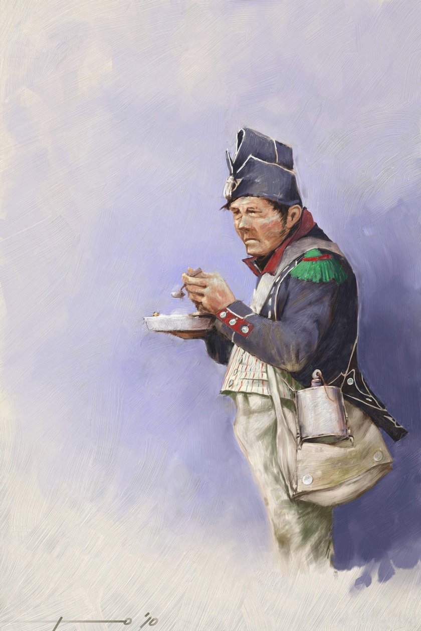 Ensimmäinen valtakunta: kevytjalkaväen sotilas aterian aikana Napoleon I:n kampanjan aikana (luultavasti Venäjällä) 1800-luvun alku. Kuvitus Alessandro Lonati. 2010 tekijältä Alessandro Lonati