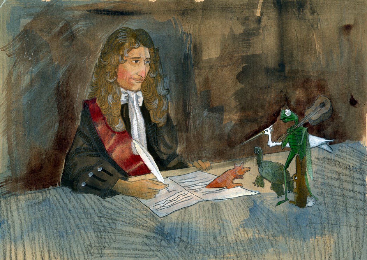 Ranskalainen kirjailija Jean de la Fontaine katselee satujensa hahmoja. Kuvitus: Alessandro Lonati tekijältä Alessandro Lonati
