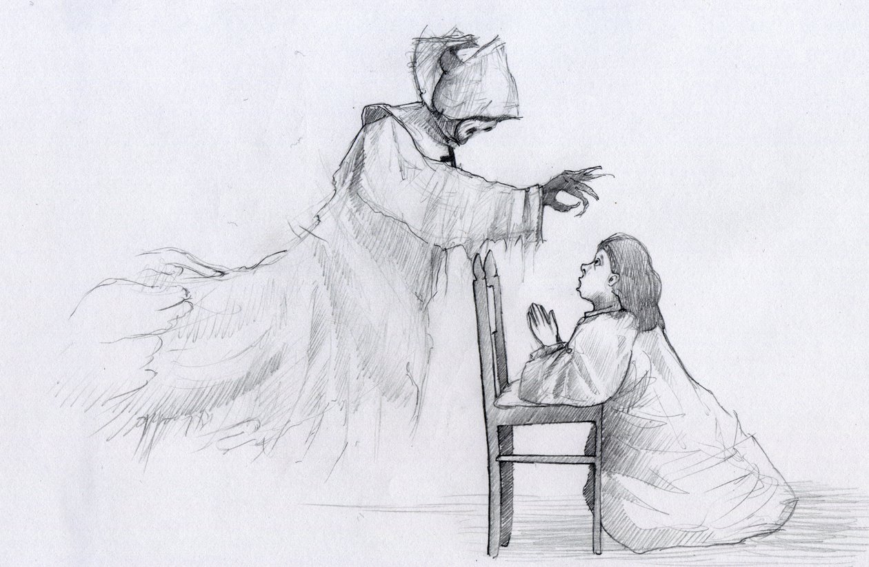 Fantoma unei călugărițe în vârstă cu mâinile strâmbe îi apare unei fetițe care se roagă Ilustrație de Alessandro Lonatifinnish tekijältä Alessandro Lonati