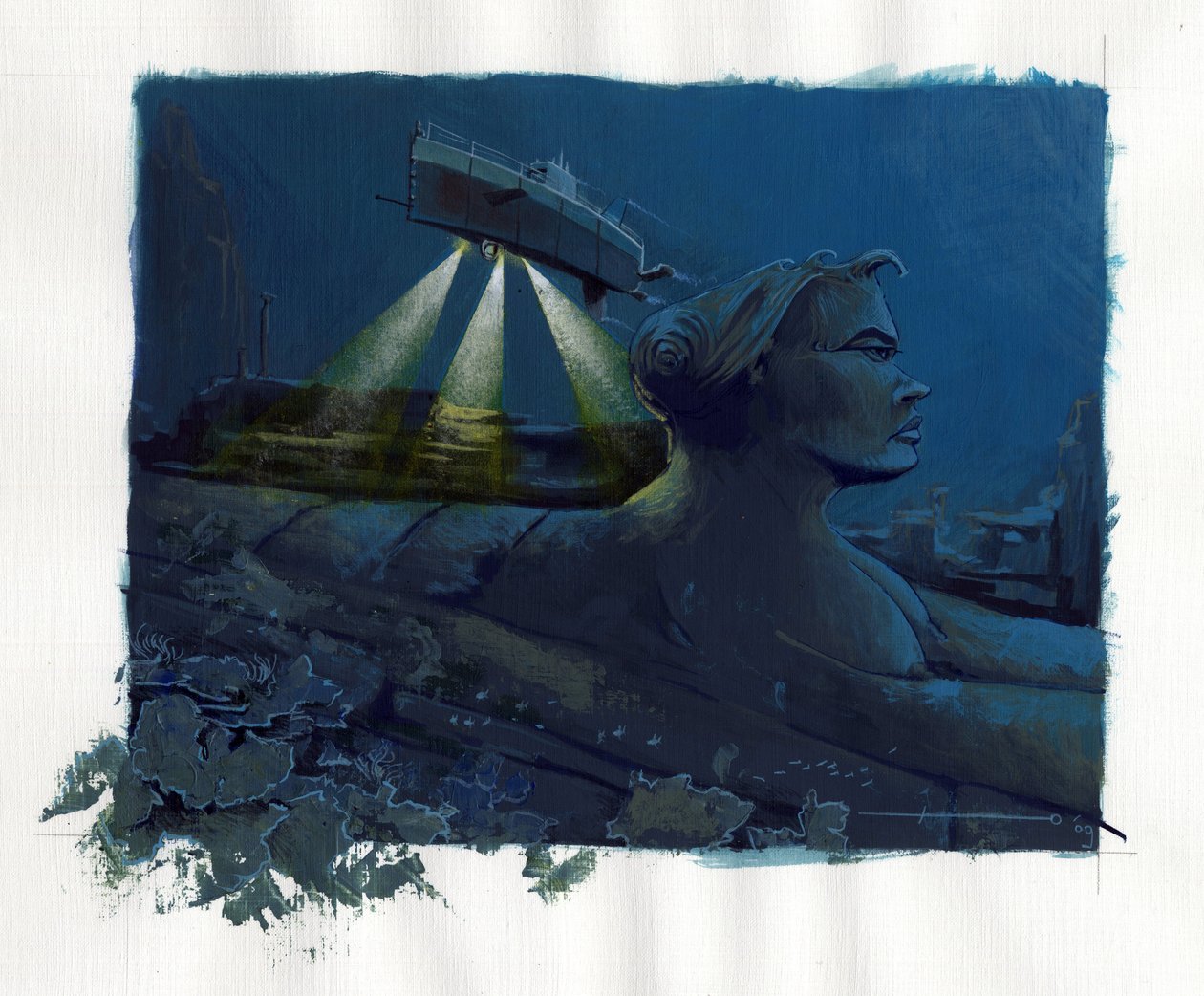Kuva Atlantis-meren (Atlantis) alle kadonneen saaren myytistä: sukellusvene (sukellusvene) tutkii legendaarisen saaren pohjaa ja löytää rauniot. Väripiirustus Alessandro Lonati. tekijältä Alessandro Lonati