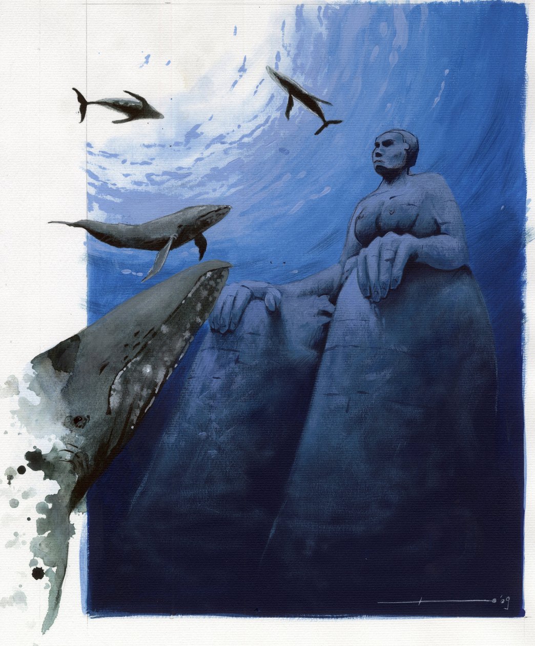 Ilustração do mito da ilha desaparecida sob o mar da Atlântida: baleias nas profundezas do mar em torno das ruínas da lendária ilha. Desenho colorido de Alessandro Lonati.finnish tekijältä Alessandro Lonati
