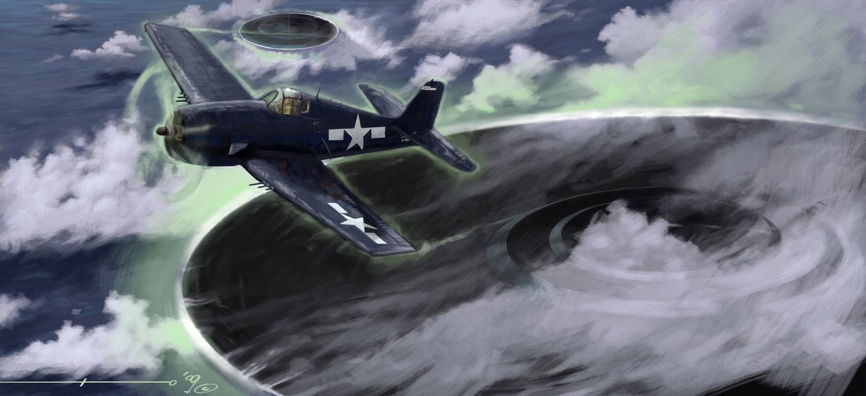 Salaperäiset ilmiöt: kuvaa Yhdysvaltain laivaston lentokoneen katoamista Bermudan kolmiossa 1940-luvulla. Legenda viittaa siihen, että se olisi täällä edustettuna olevien UFO:iden (UFO tai muukalainen) työtä. Piirustus Alessandro Lonati tekijältä Alessandro Lonati