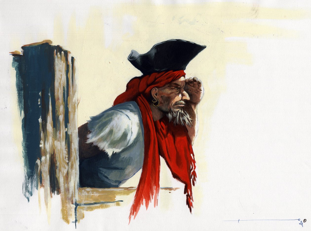Karibian merirosvo katsomassa horisonttia. Piirustus Alessandro Lonati. tekijältä Alessandro Lonati