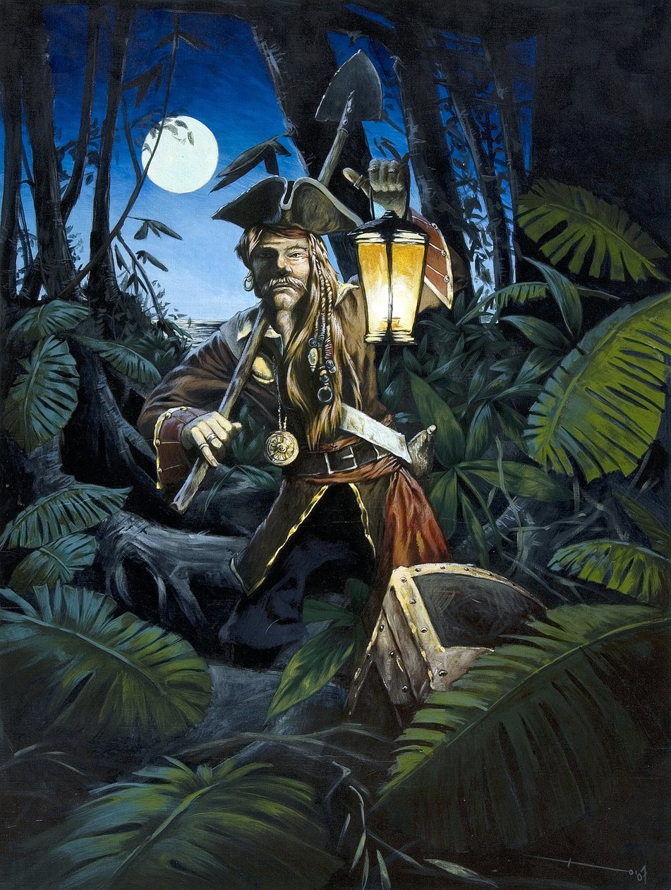 Pirate of the Caribbean lyhty, yöllä, piilottelee aarteensa saaren metsään. Väripiirustus Alessandro Lonati. tekijältä Alessandro Lonati