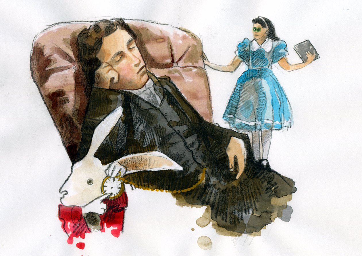 Lewis Carrollin muotokuva kirjailija, esseisti, valokuvaaja ympäröi hänen hahmonsa (Lewis Carrollin muotokuva (1832-1898)) tekijältä Alessandro Lonati