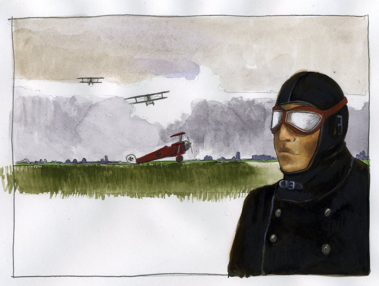 Manfred von Richthofenin muotokuva kutsuu punaisen paronin lempinimiä (1892-1918) saksalainen lentäjä (Manfred von Richthofenin muotokuva, punainen paroni, saksalainen hävittäjälentäjä) Kuvitus: Alessandro Lonati tekijältä Alessandro Lonati