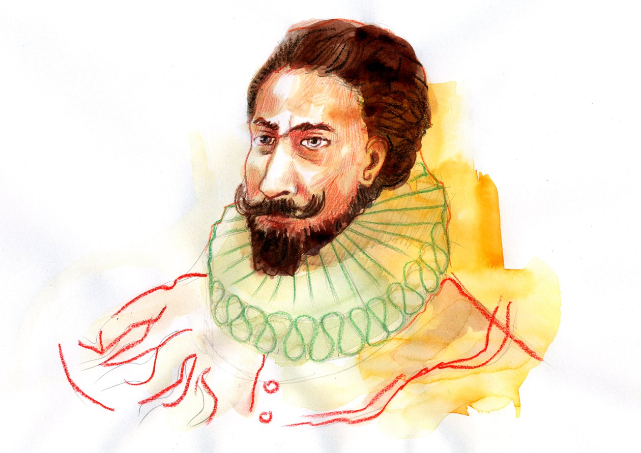 Miguel de Cervantes Saavedran (1547-1616) muotokuva (espanjalaisen kirjailijan Miguel de Cervantes Saavedran muotokuva) tekijältä Alessandro Lonati