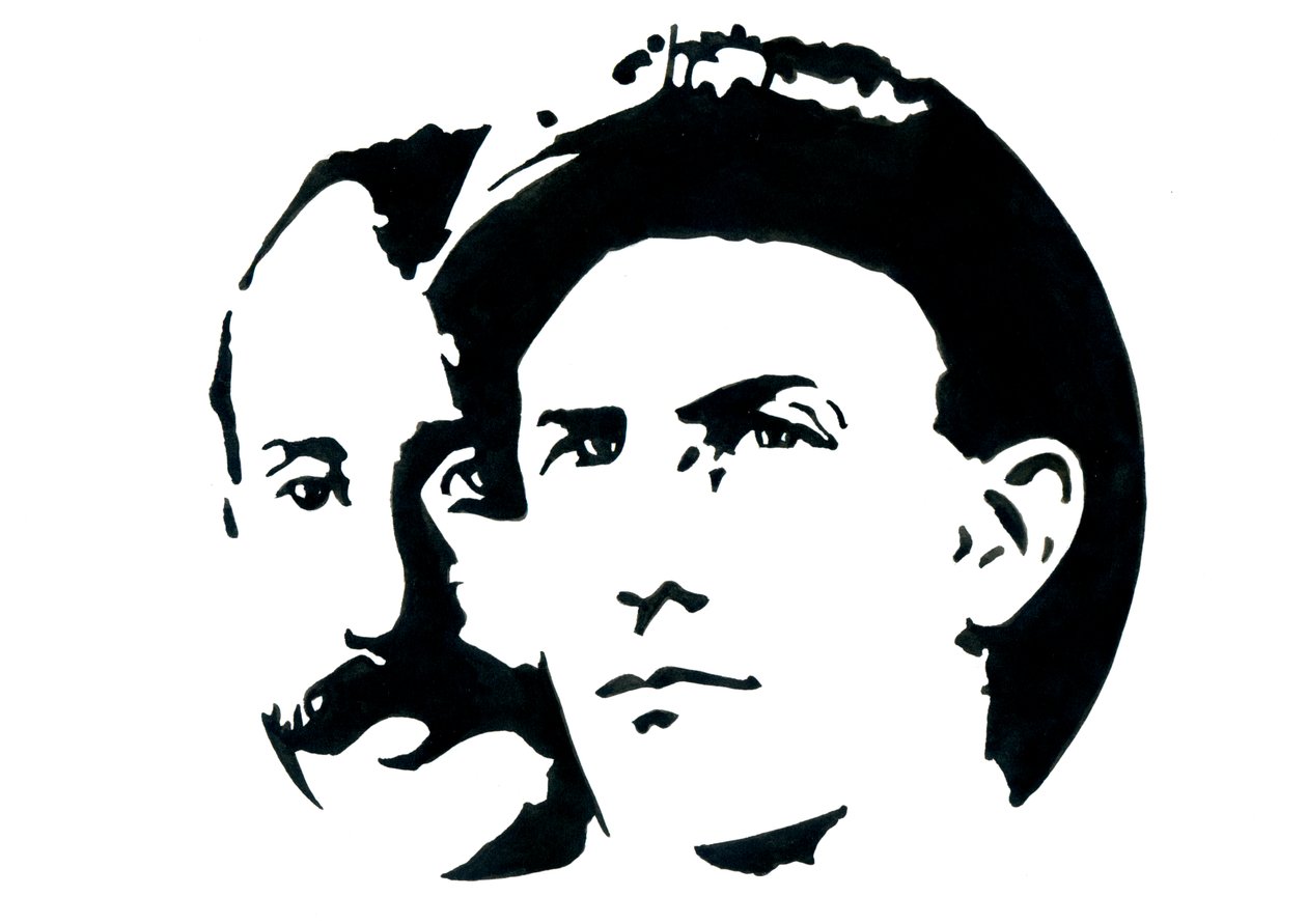 Orvillen (1871-1948) ja Wilbur Wrightin (1867-1912) muotokuva amerikkalaisista ilmailun pioneereista (Wrightin veljekset, Orville ja Wilbur amerikkalaiset veljet, keksijät ja ilmailun pioneerit) tekijältä Alessandro Lonati