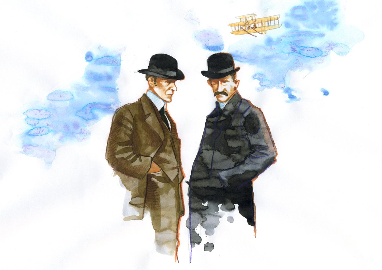 Orvillen (1871-1948) ja Wilbur Wrightin (1867-1912) muotokuva amerikkalaisista ilmailun pioneereista (Wrightin veljekset, Orvillen ja Wilburin amerikkalaiset veljet, keksijät ja ilmailun pioneerit) tekijältä Alessandro Lonati
