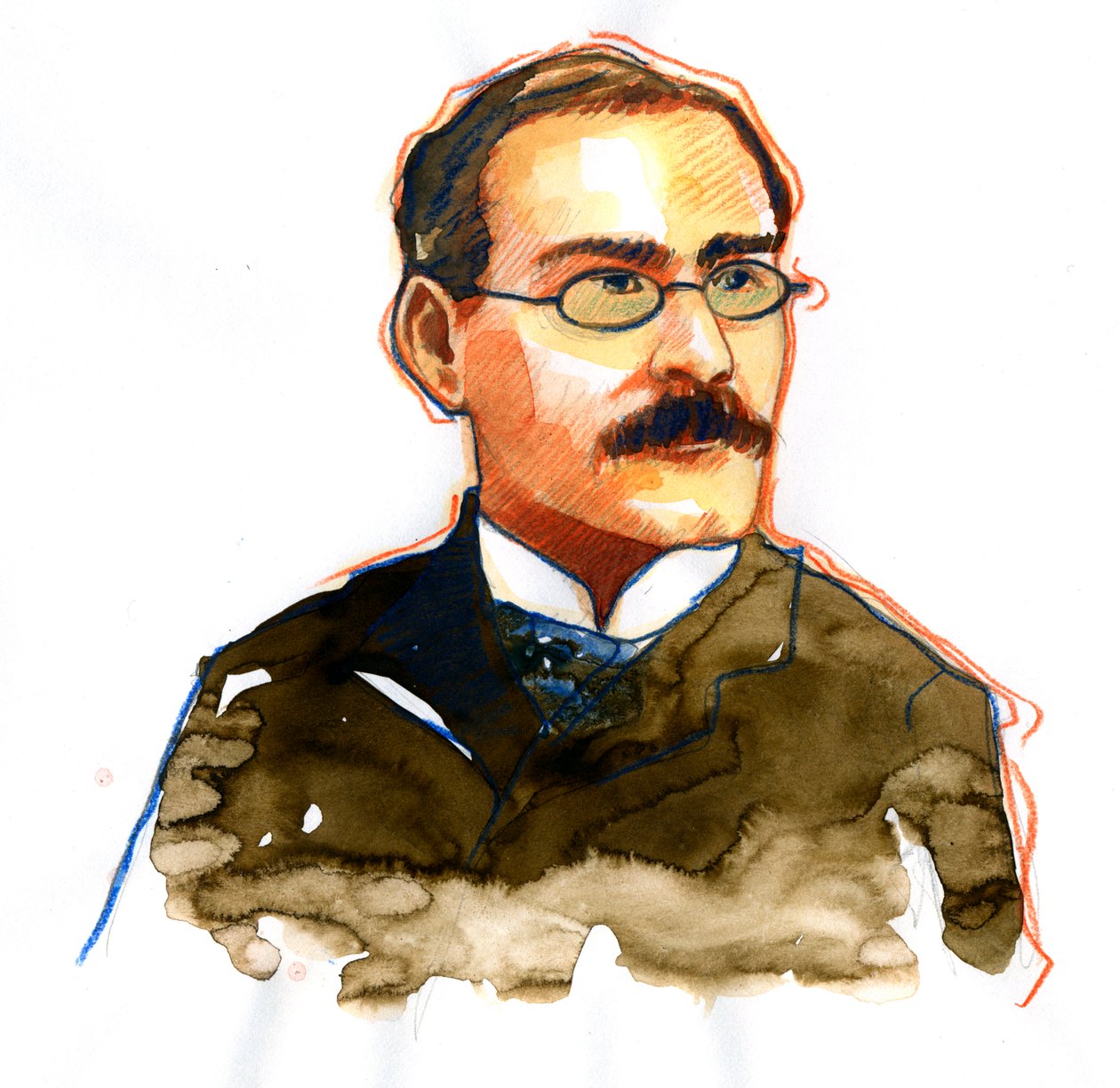 Rudyard Kiplingin (1865-1936), englantilaisen kirjailijan muotokuva ((kirjailija Rudyard Kiplingin muotokuva) tekijältä Alessandro Lonati
