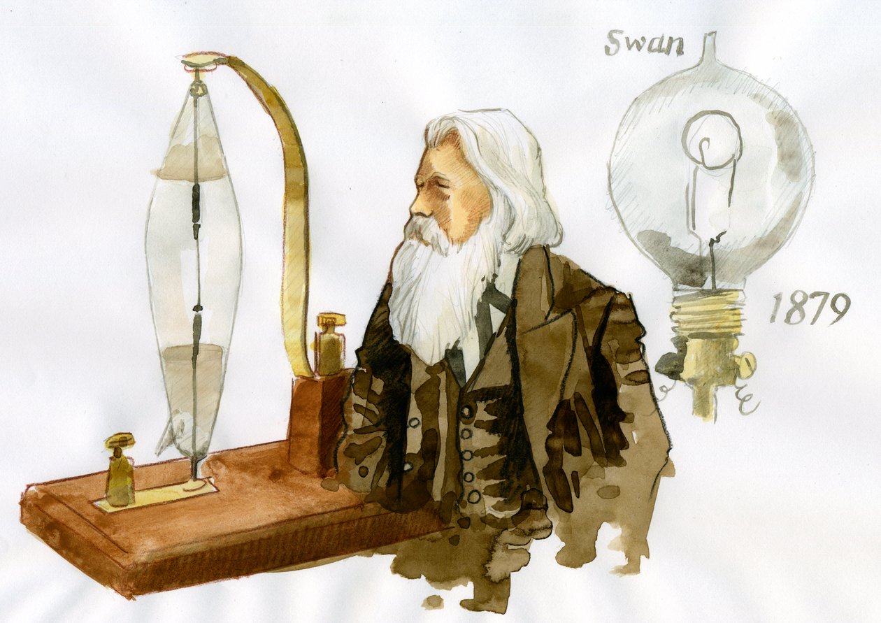 Muotokuva Sir Joseph Wilson Swanista (1828-1914) brittiläisestä sähköasentajasta ja kemististä (Brittiläisen fyysikon ja kemistin Joseph Swanin muotokuva) tekijältä Alessandro Lonati