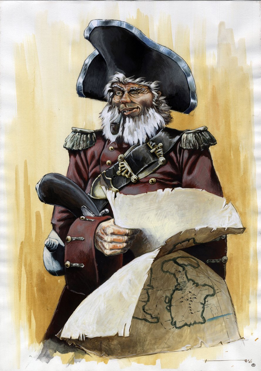 Muotokuva merirosvosta (yksityisestä) tai merimiehestä, jolla on yllään tricorn ja rahastonhoitajan kartta käsissään. Väripiirustus Alessandro Lonati. tekijältä Alessandro Lonati