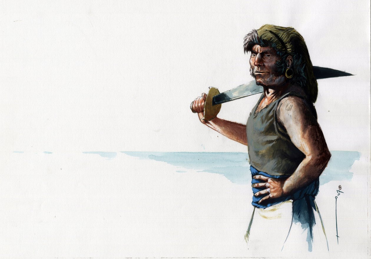 Muotokuva merirosvosta (yksityisestä) tai merimiehestä miekalla katsomassa merta. Väripiirustus Alessandro Lonati. tekijältä Alessandro Lonati