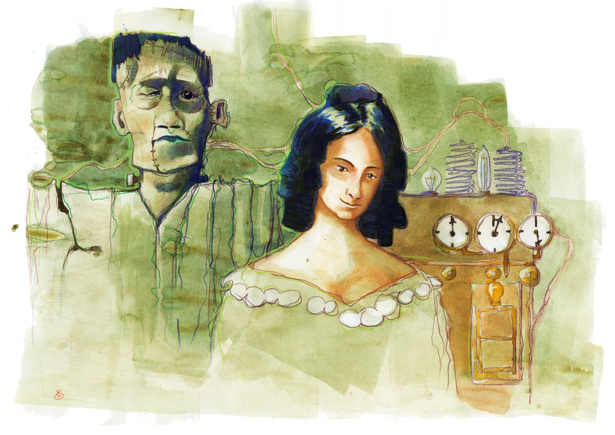 Muotokuva englantilaisesta kirjailijasta Mary Shelleystä (1797-1851), joka on kirjoittanut "Frankenstein or the Modern Promethee" (Brittiläisen kirjailijan Mary Shelleyn muotokuva) tekijältä Alessandro Lonati