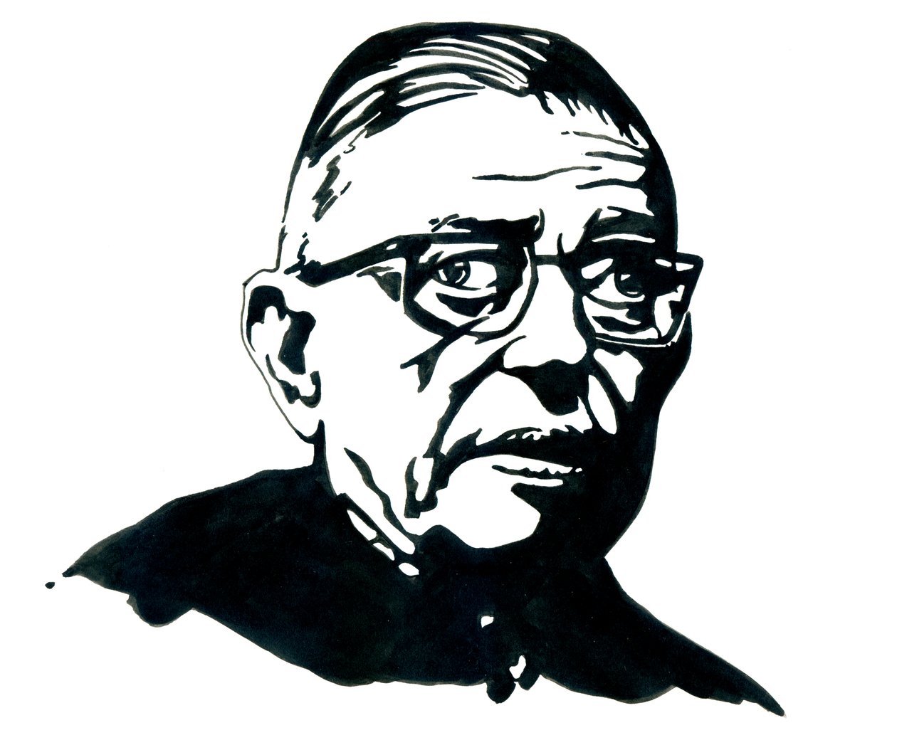 Muotokuva ranskalaisesta kirjailijasta, filosofista ja näytelmäkirjailija Jean-Paulista (Jean Paul) Sartre Piirustus tekijältä Alessandro Lonati