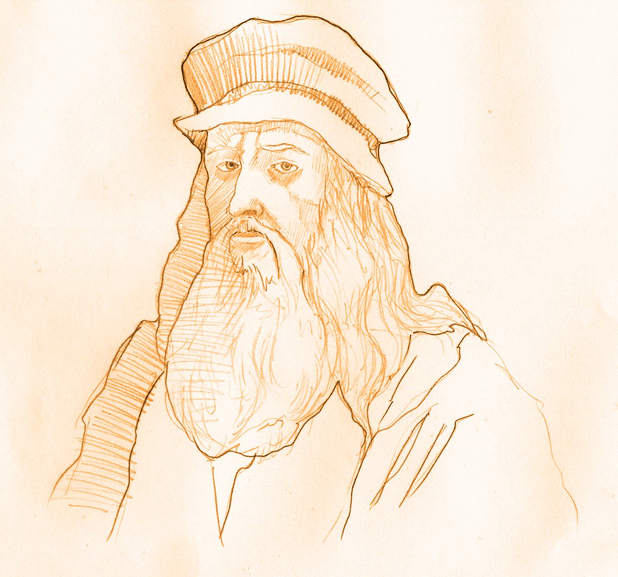 Muotokuva italialaisesta taiteilijasta ja tiedemiehestä Leonard de Vinci (Leonardo da Vinci) (1452-1519) (Italialaisen polymaatin Leonardo da Vincin muotokuva) tekijältä Alessandro Lonati