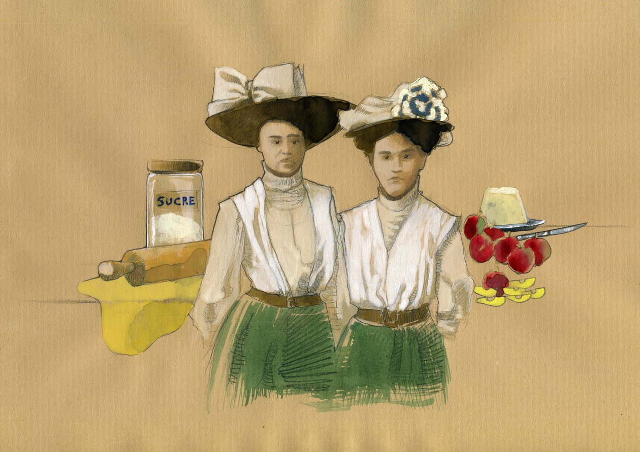 Muotokuva sisaruksista Stephanie (1838-1917) ja Caroline Tatin (1847-1911), jotka keksivät jälkiruoan francais tatin a de Lamotte-Beuvron en Sologne (Muotokuva sisaruksista Stephanie ja Caroline Tatin, jotka keksivät ylösalaisin käännetyn leivonnaisen, jos tekijältä Alessandro Lonati