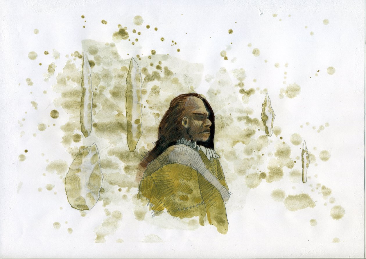 Esihistoria: Neandertalin mies piikivityökaluilla Kuvitus: Alessandro Lonati tekijältä Alessandro Lonati