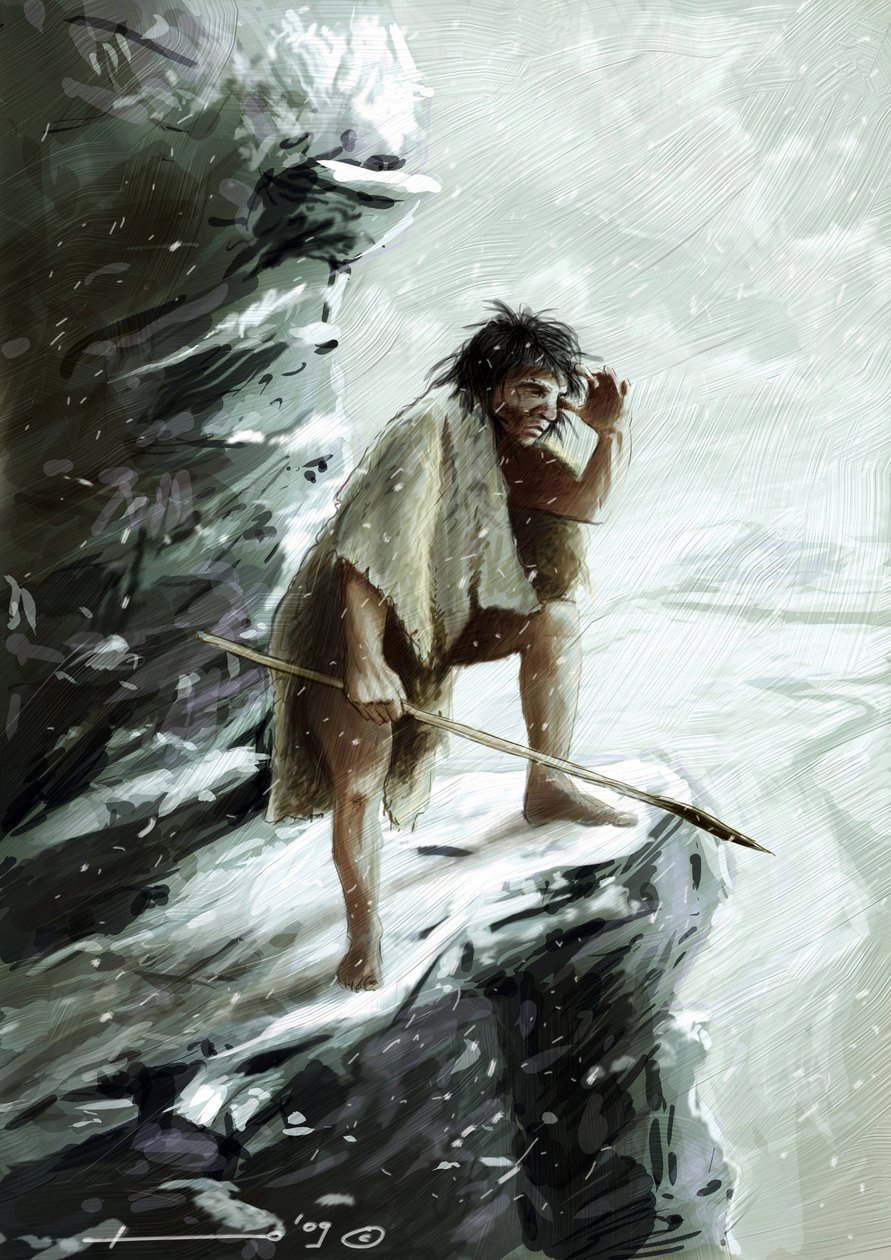 Esihistoria: mies neandertalilainen (neandertalilainen tai neandertalilainen: Homo sapiens), lumen alla, kiven päällä istuva mies katsoo horisonttiin. Piirustus Alessandro Lonati tekijältä Alessandro Lonati