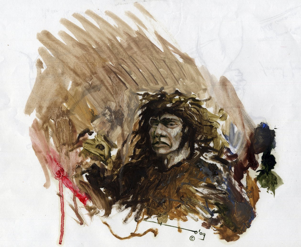 Esihistoria: Neandertalin tai neandertalin miehen esitys keskipaleoliittissa. Piirustus Alessandro Lonati tekijältä Alessandro Lonati