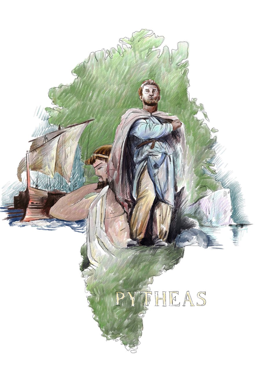 Pytheaksen esitys kreikkalaisesta tutkimusmatkailijasta Massaliasta, 4. vuosisadalta eKr. (Pytheas of Massalia kreikkalainen maantieteilijä ja tutkimusmatkailija, 4. vuosisata eKr.) Kuvitus: Alessandro Lonati tekijältä Alessandro Lonati
