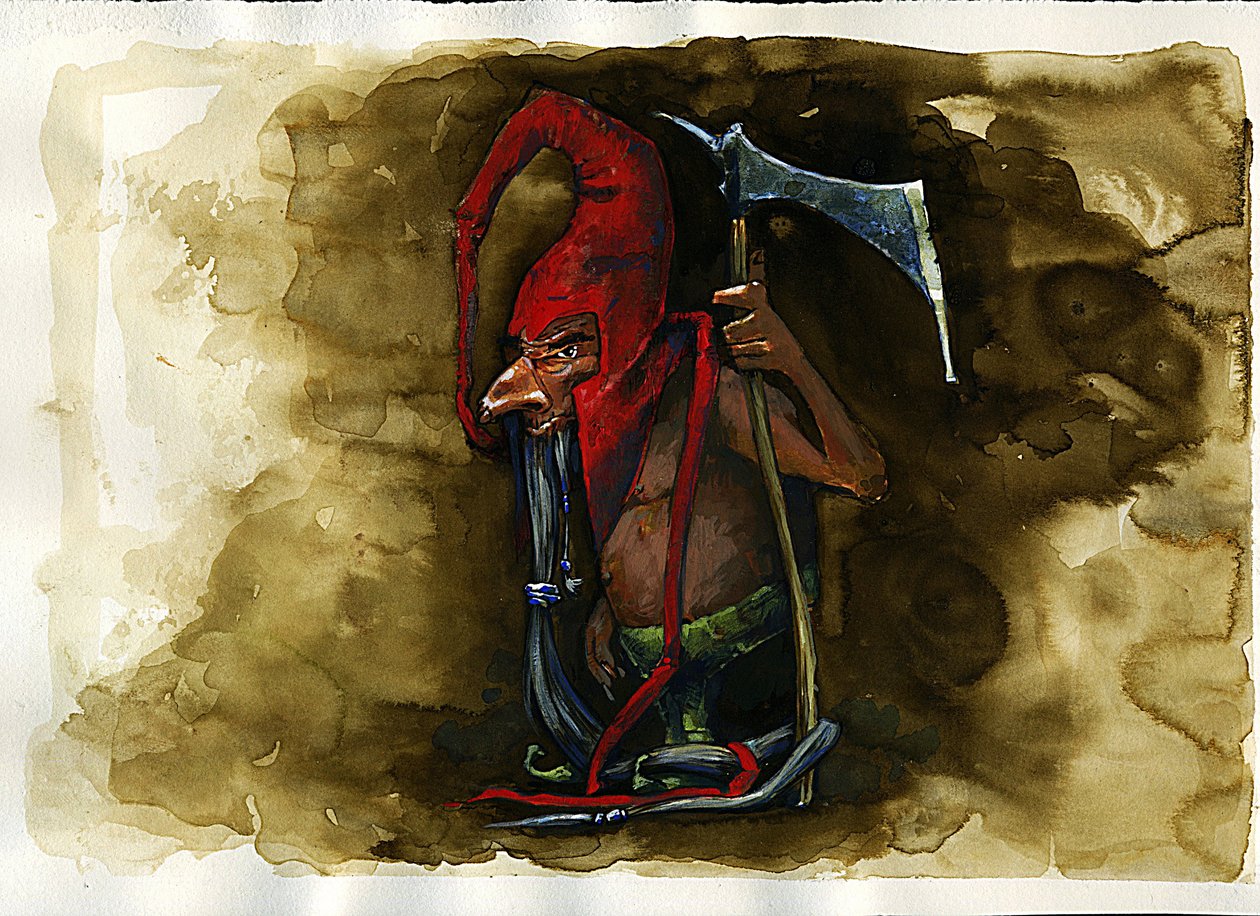 Kuvaus punahatusta (Red cap, powrie tai dunter, Red-Bonnet) legendaarisesta Goblin-perheen pahantahtoisesta olennosta brittiläisestä kansanperinteestä - (punahattu, pahantahoinen murhaajakääpiö, peikko, tonttu tai keiju löytyy Border Folkloresta) Kuvitus:  tekijältä Alessandro Lonati