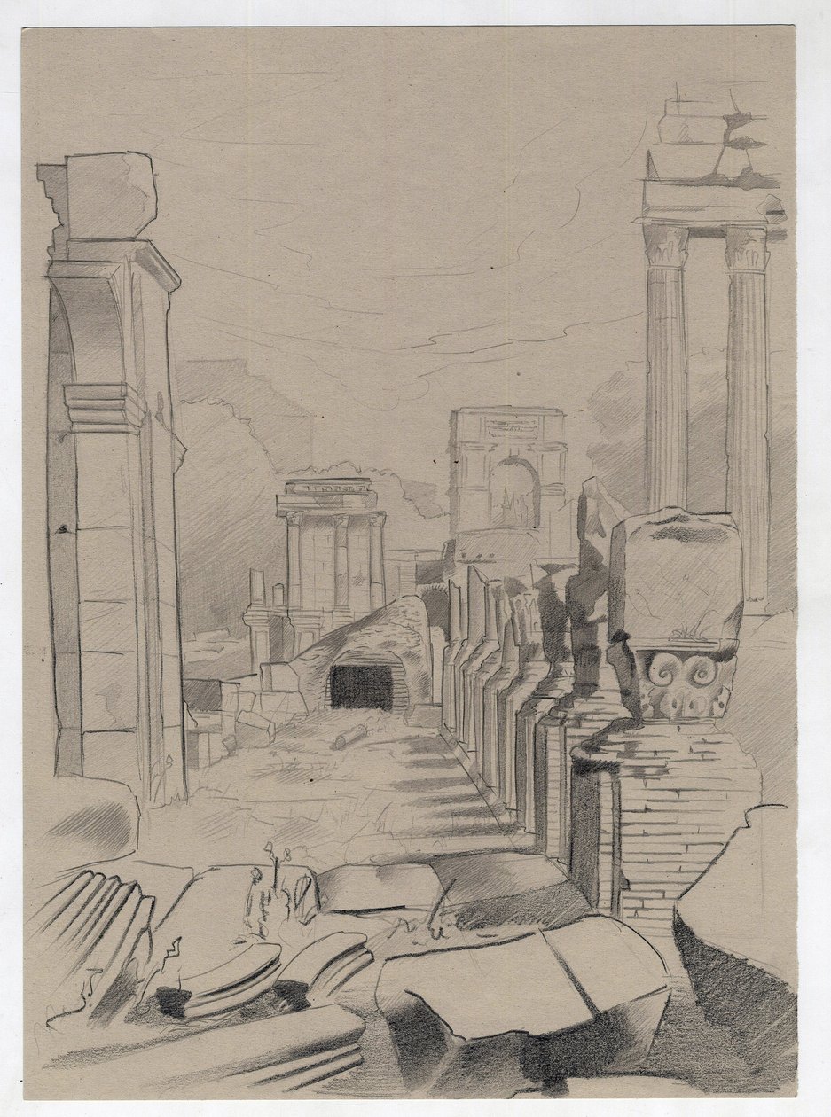 Rooman aikakauden rauniot Roomassa, Forum (foro romano) Alessandro Lonatin piirustus. tekijältä Alessandro Lonati