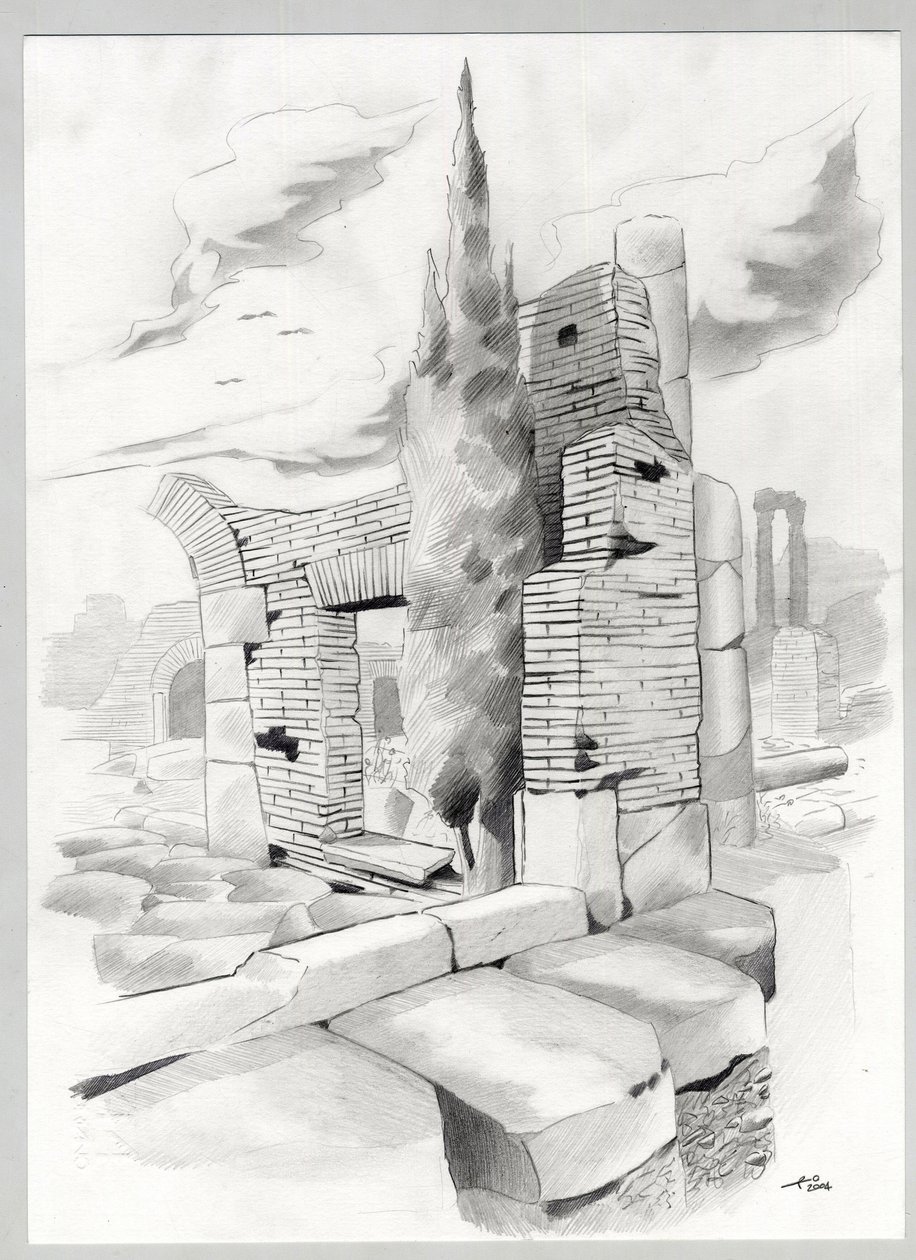Rooman aikakauden rauniot Roomassa, Forum (foro romano) Alessandro Lonatin piirustus. tekijältä Alessandro Lonati