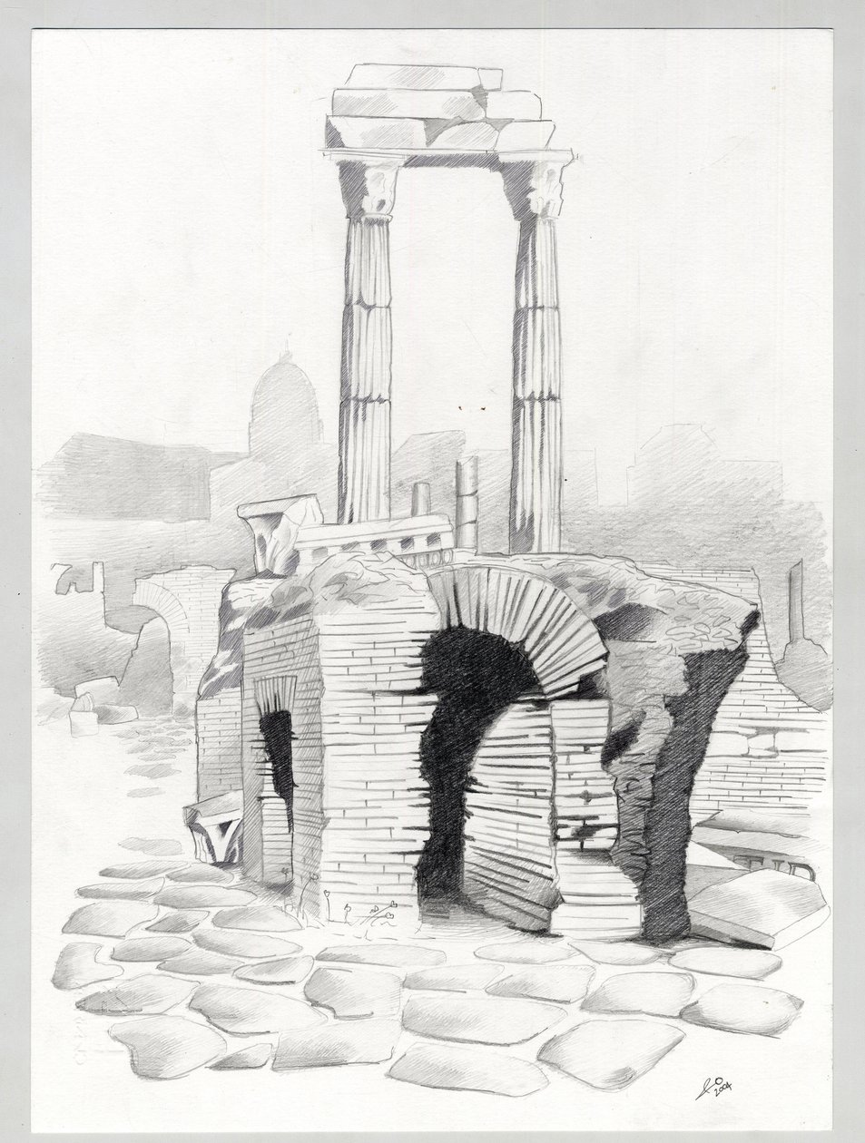 Rooman aikakauden rauniot Roomassa, Forum (foro romano) Alessandro Lonatin piirustus. tekijältä Alessandro Lonati