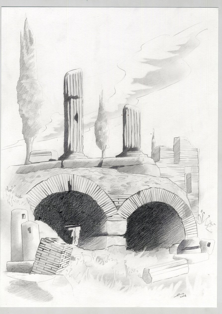 Rooman aikakauden rauniot Roomassa, Forum (foro romano) Alessandro Lonatin piirustus. tekijältä Alessandro Lonati