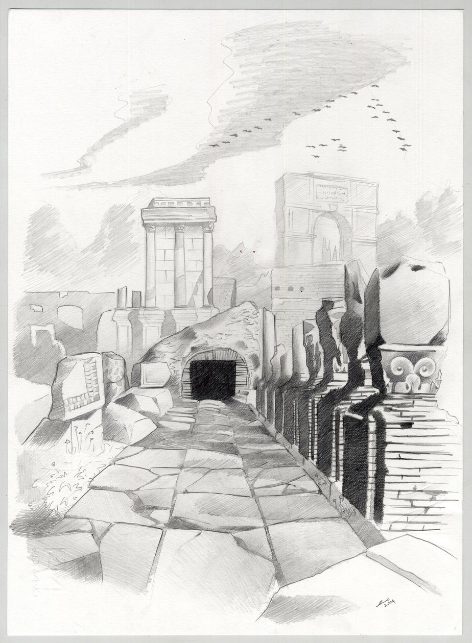 Rooman aikakauden rauniot Roomassa, Forum (foro romano) Alessandro Lonatin piirustus. tekijältä Alessandro Lonati