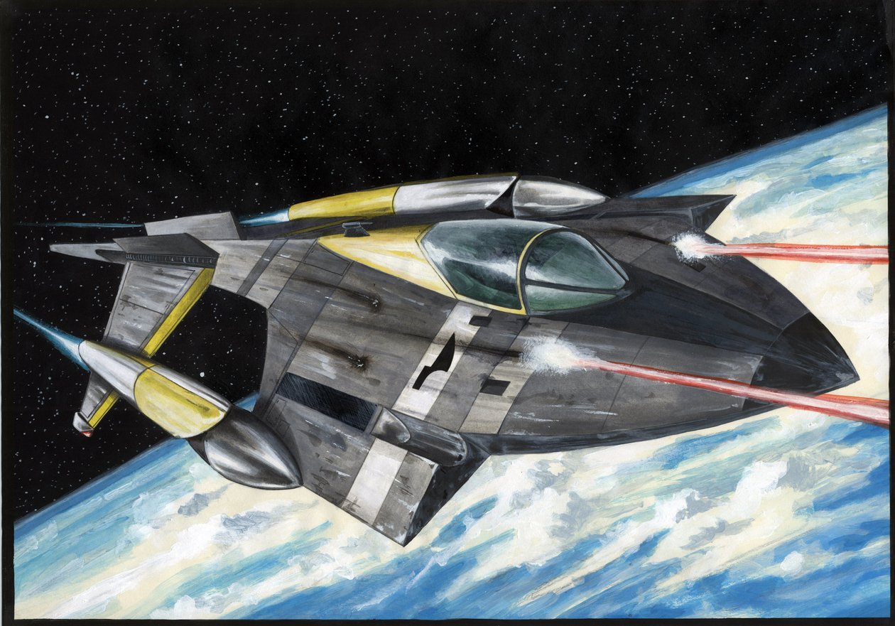 Scifi-kuva: Avaruusavaruusalus, joka valloittaa avaruuden tai universumin, vetää lasersäteitä Maapallon yli. Piirustus Alessandro Lonati tekijältä Alessandro Lonati