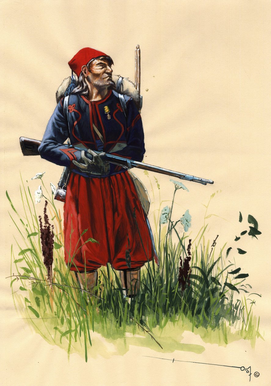 Toinen valtakunta (1852-1870): Napoleon III:n ranskalaisen armeijan Zouave-sotilas Italian kampanjan aikana vuonna 1859 (Solferinon taistelu 24. kesäkuuta 1859 tai Magentan taistelu 4. kesäkuuta 1859). Piirustus Alessandro Lonati tekijältä Alessandro Lonati
