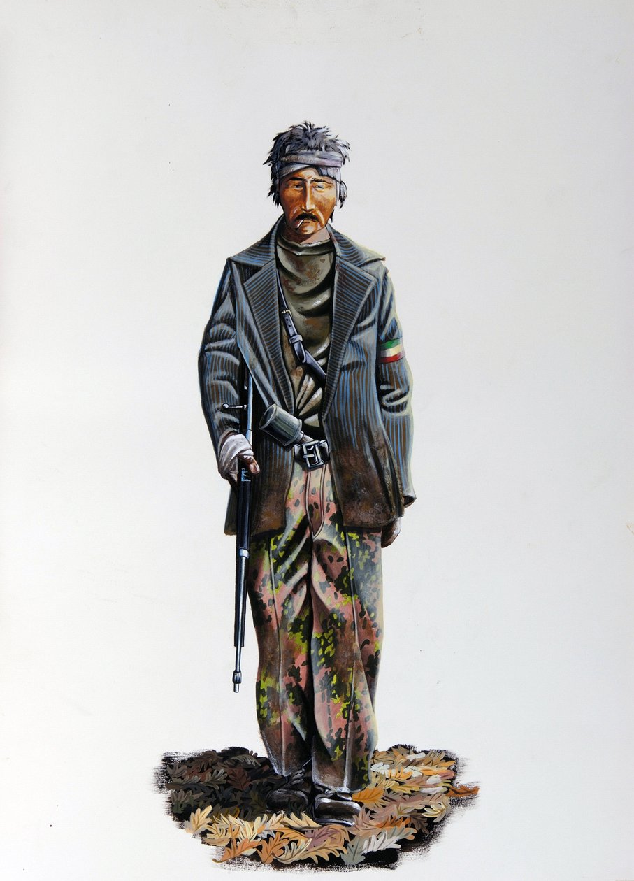 Toinen maailmansota: Italian vastarintaliikkeen (maquis tai sissit, partisaani) (Resistenza Italiana) jäsen, yllään naamiointipuku ja ase konekiväärillä. 1943-1945. Kuvitus Alessandro Lonati tekijältä Alessandro Lonati