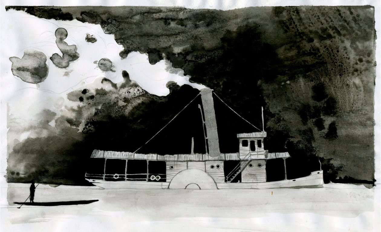 Höyrylaivakuva Joseph Conradin uudesta "" Pimeyden sydämessä" -kappaleesta. 2012 tekijältä Alessandro Lonati