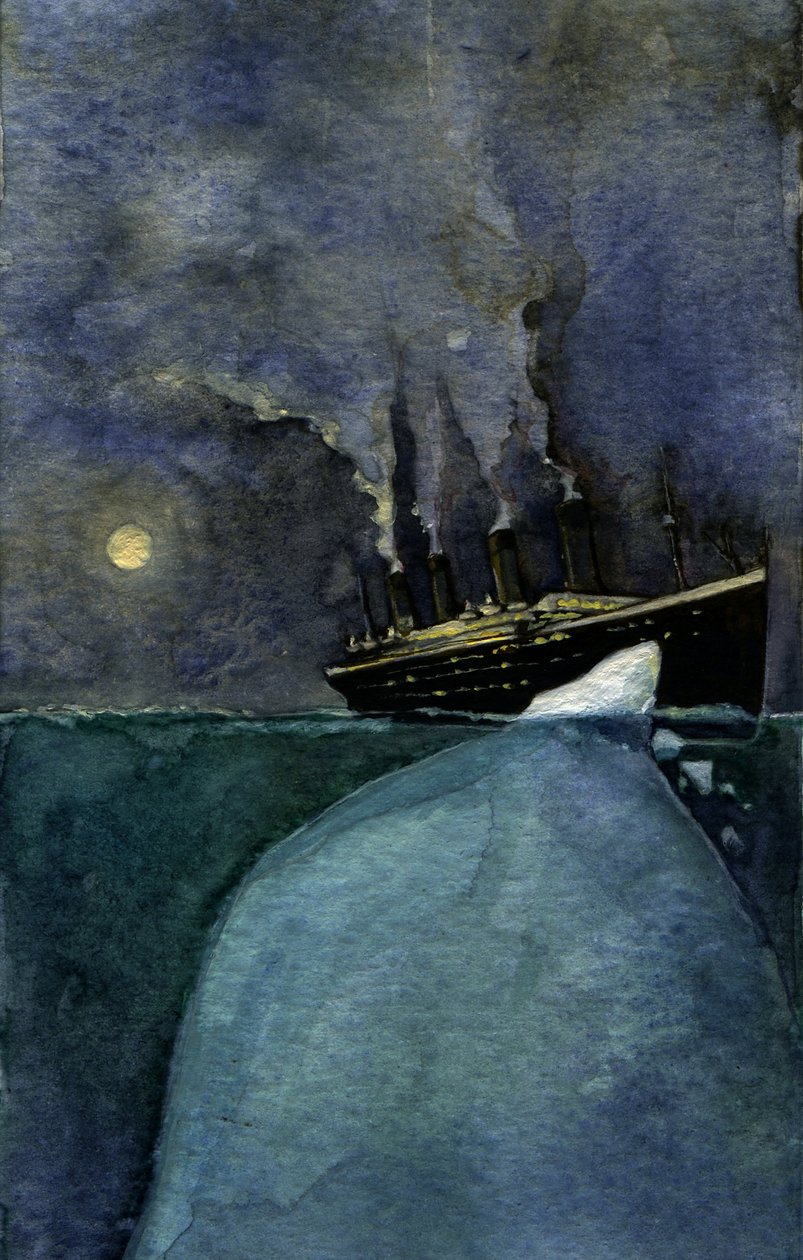 Näkymä Atlantin ylittävästä linja-autosta Titanic uppoamishetkellä 14. ja 15. huhtikuuta 1912, jonka aiheutti törmäys jäävuoreen. Kuvitus Alessandro Lonati. 2011 tekijältä Alessandro Lonati