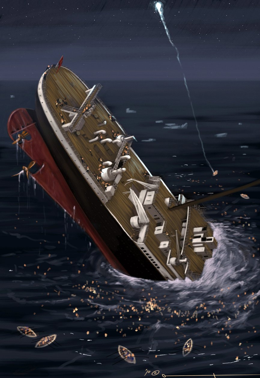 Näkymä transatlanttisesta linja-aluksesta Titanic uppoamishetkellä 14. ja 15. huhtikuuta 1912. Kuvitus Alesandro Lonati. 2010 tekijältä Alessandro Lonati